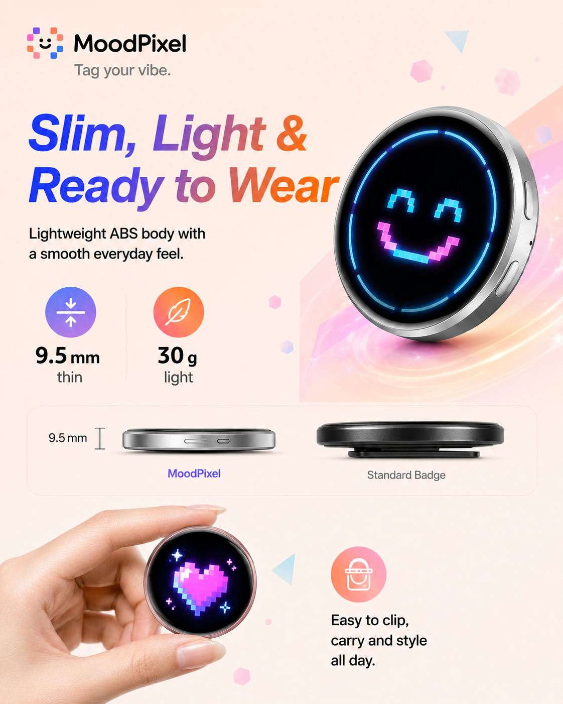 MoodPixel E05 Smart Badge — 1.85″ Touchscreen Display for Photos, GIFs & Video