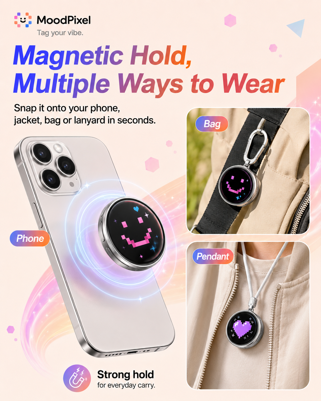 MoodPixel E05 Smart Badge — 1.85″ Touchscreen Display for Photos, GIFs & Video