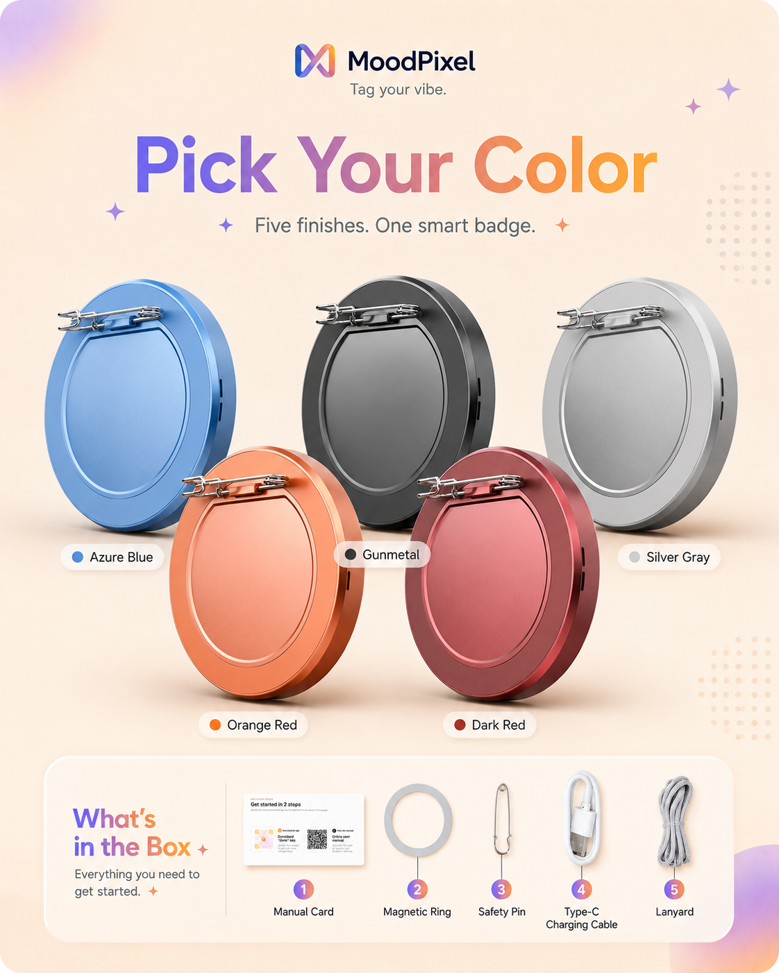 MoodPixel E05 Smart Badge — 1.85″ Touchscreen Display for Photos, GIFs & Video