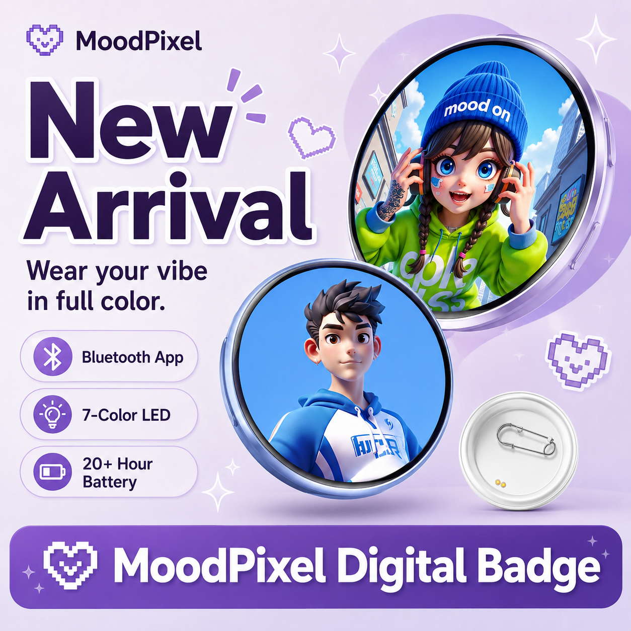 MoodPixel E92 Custom Digital Badge — Upload Photos, GIFs, Videos, Text & QR Codes