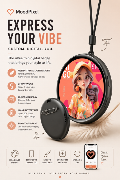 MoodPixel Lanyard Digital Badge — Photos, GIFs, Video, Text & QR Codes