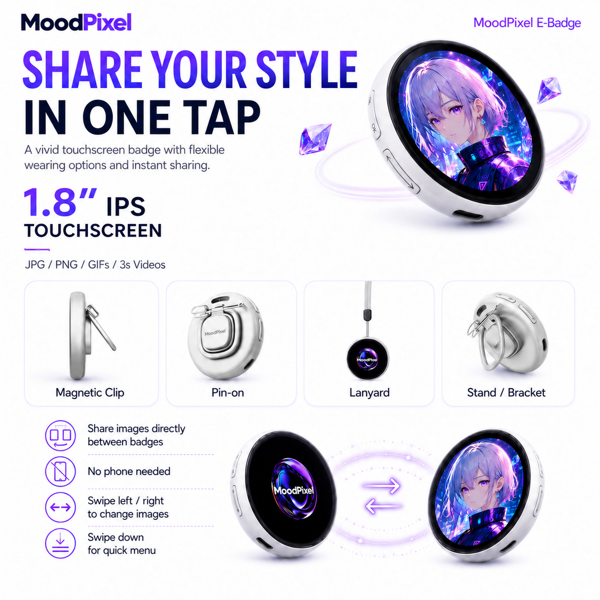 MoodPixel Nikko Digital Badge – 1.8" HD Screen for Photos, GIFs & Video
