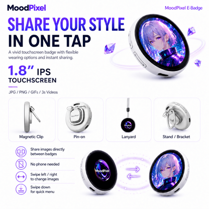 MoodPixel Nikko Digital Badge – 1.8" HD Screen for Photos, GIFs & Video