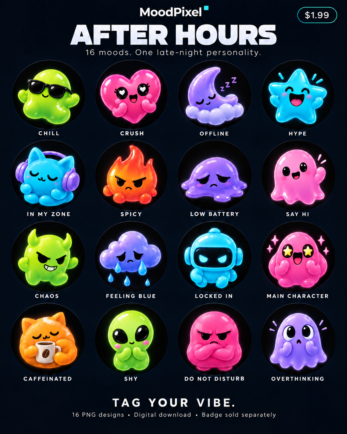 MoodPixel After Hours pack showing all 16 neon mood characters; digital artwork, badge sold separately