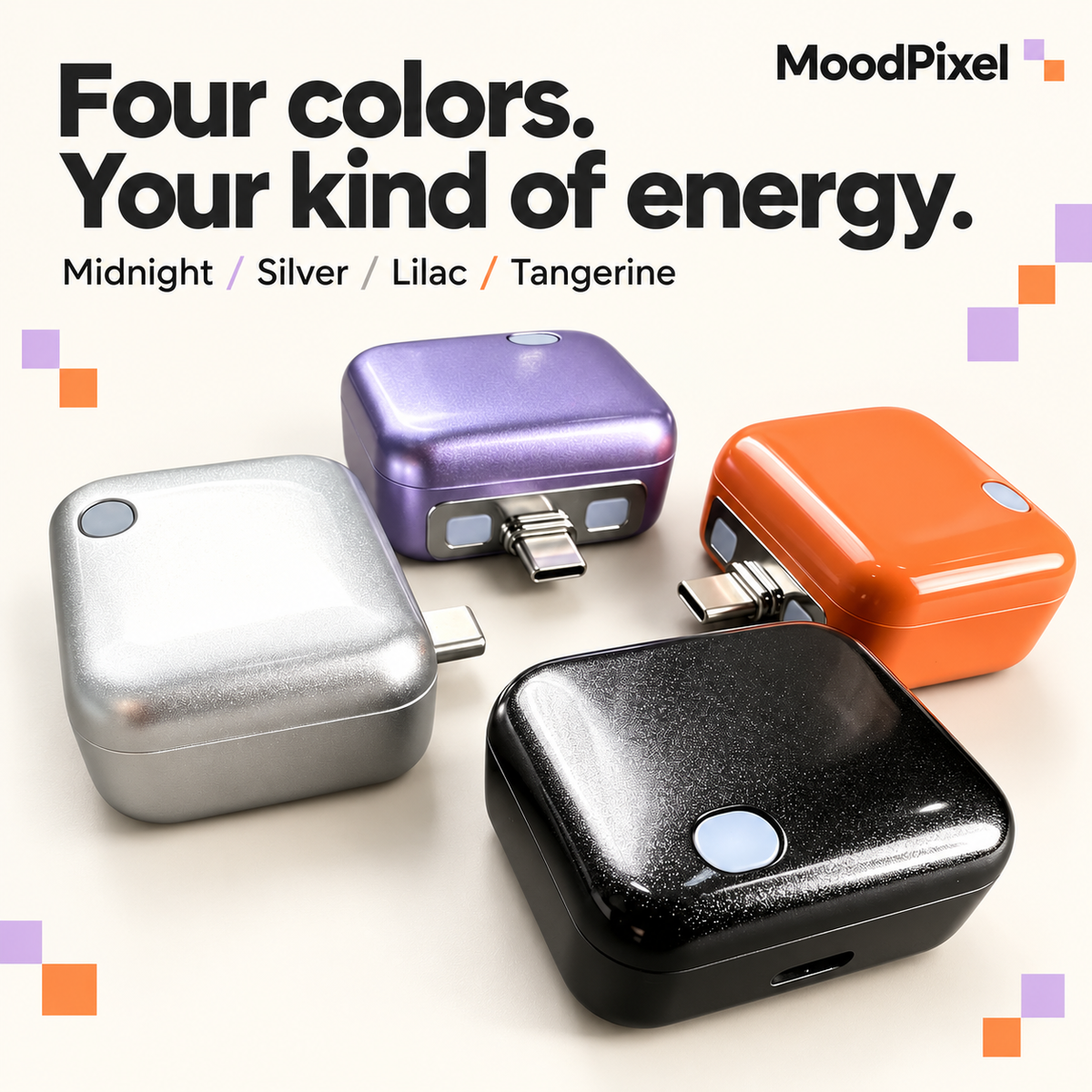 Midnight, Silver, Lilac and Tangerine MoodPixel Pop finishes.