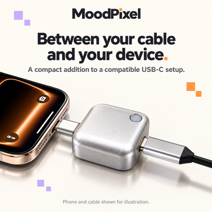 MoodPixel Pop adapter between a USB-C phone and charging cable.