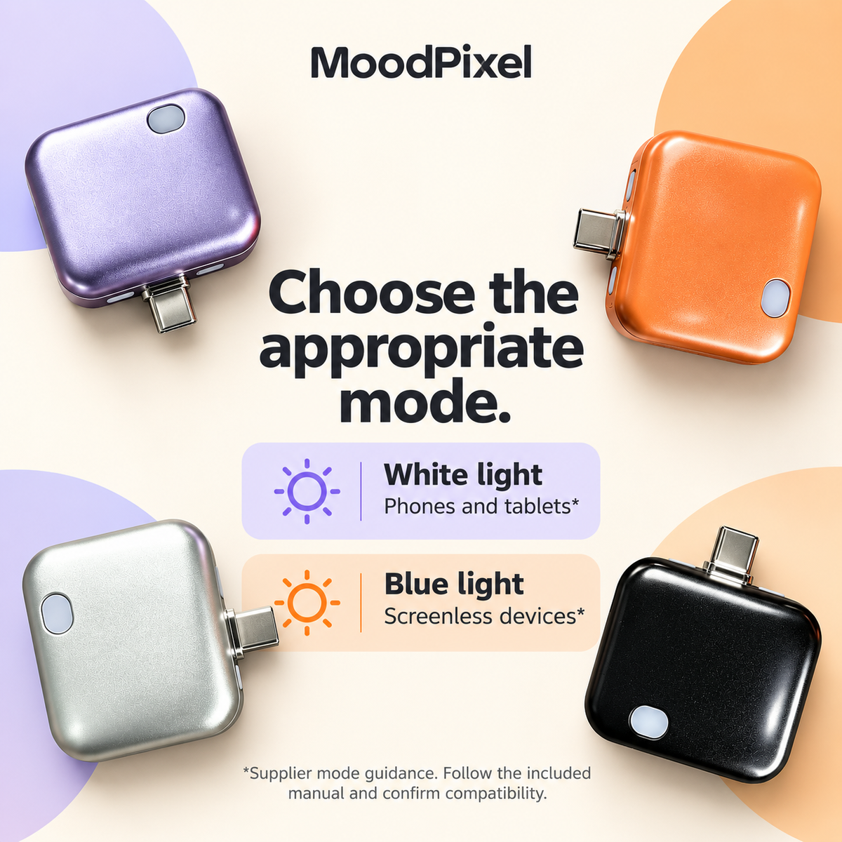 Supplier guidance for white-light and blue-light device modes.