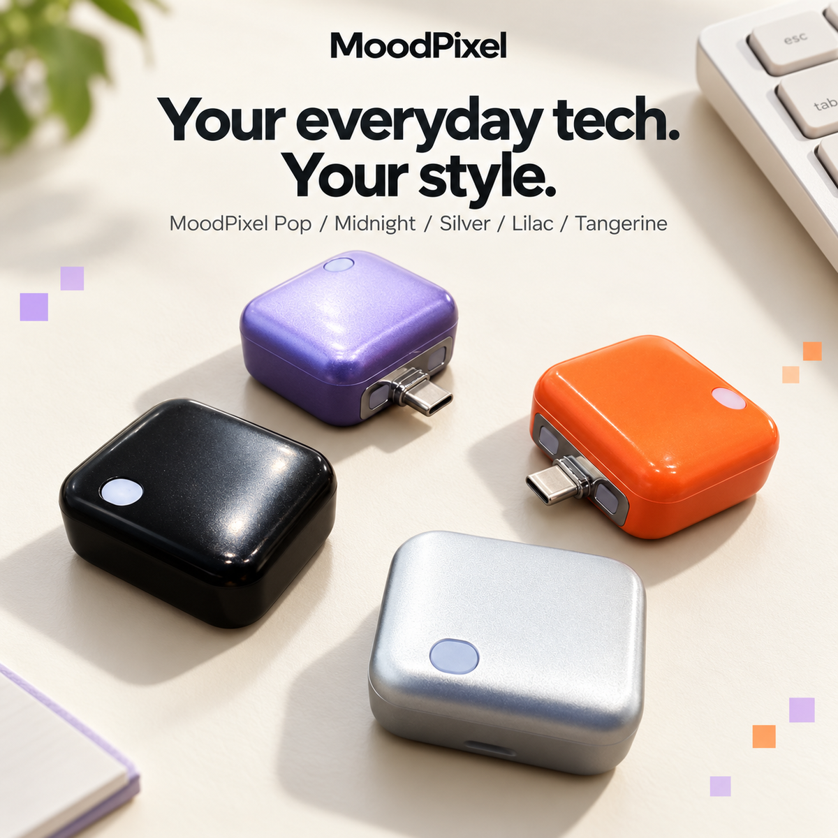 Four MoodPixel Pop adapters on a desk.