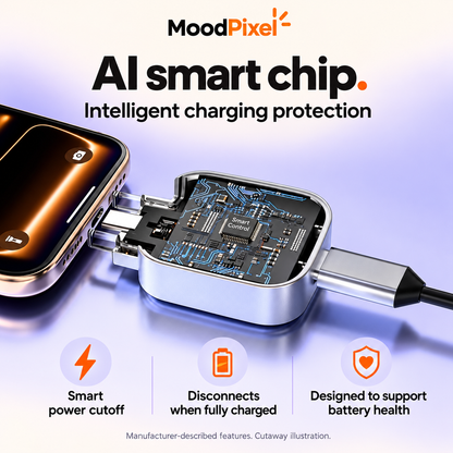 MoodPixel Pop manufacturer-inspired AI smart chip cutaway illustration showing smart power cutoff and automatic disconnect when fully charged.