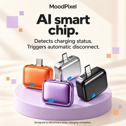 MoodPixel Pop AI smart chip detects charging status and triggers automatic disconnect.