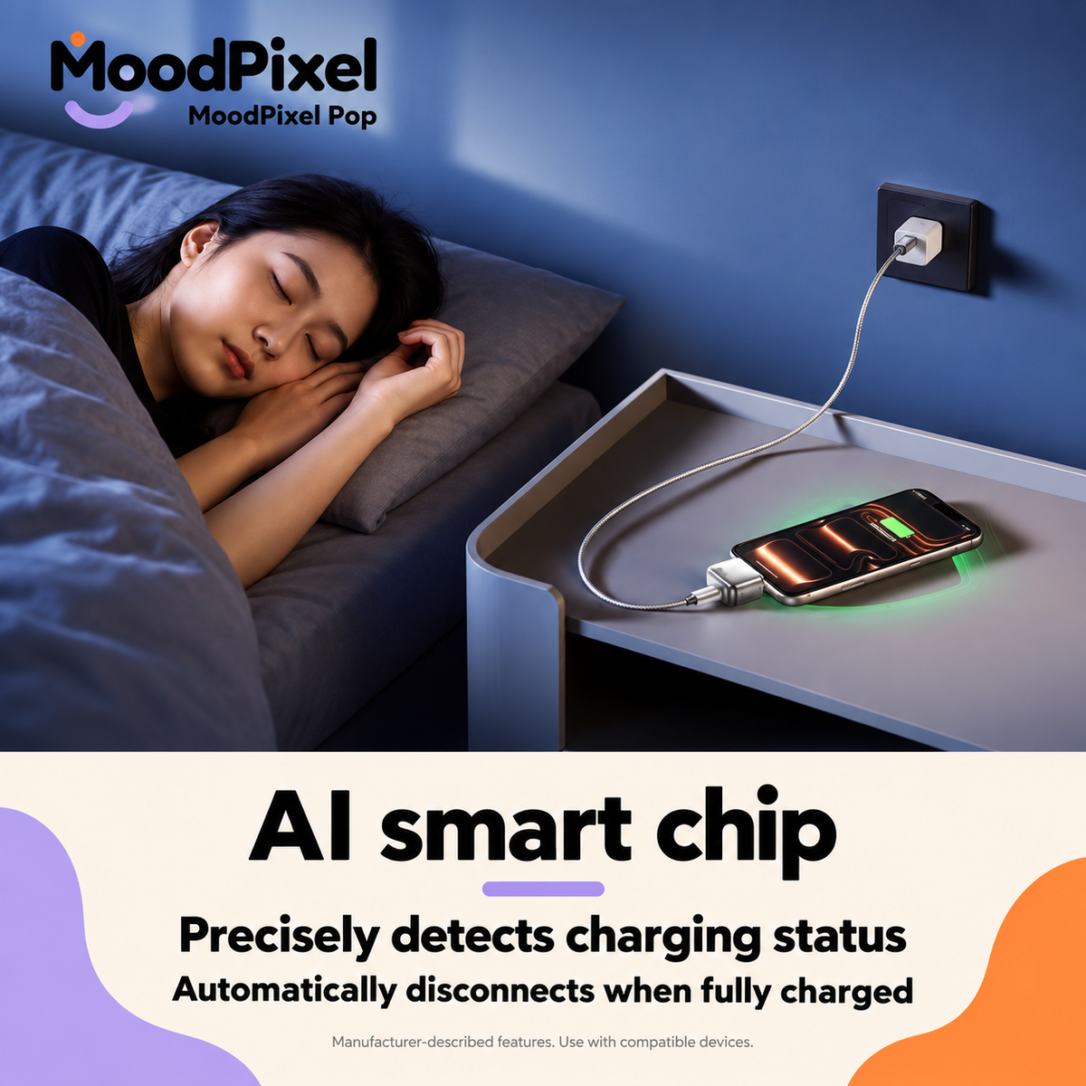 Sleeping woman beside a phone connected through MoodPixel Pop, with translated manufacturer AI smart chip and automatic-disconnect features.