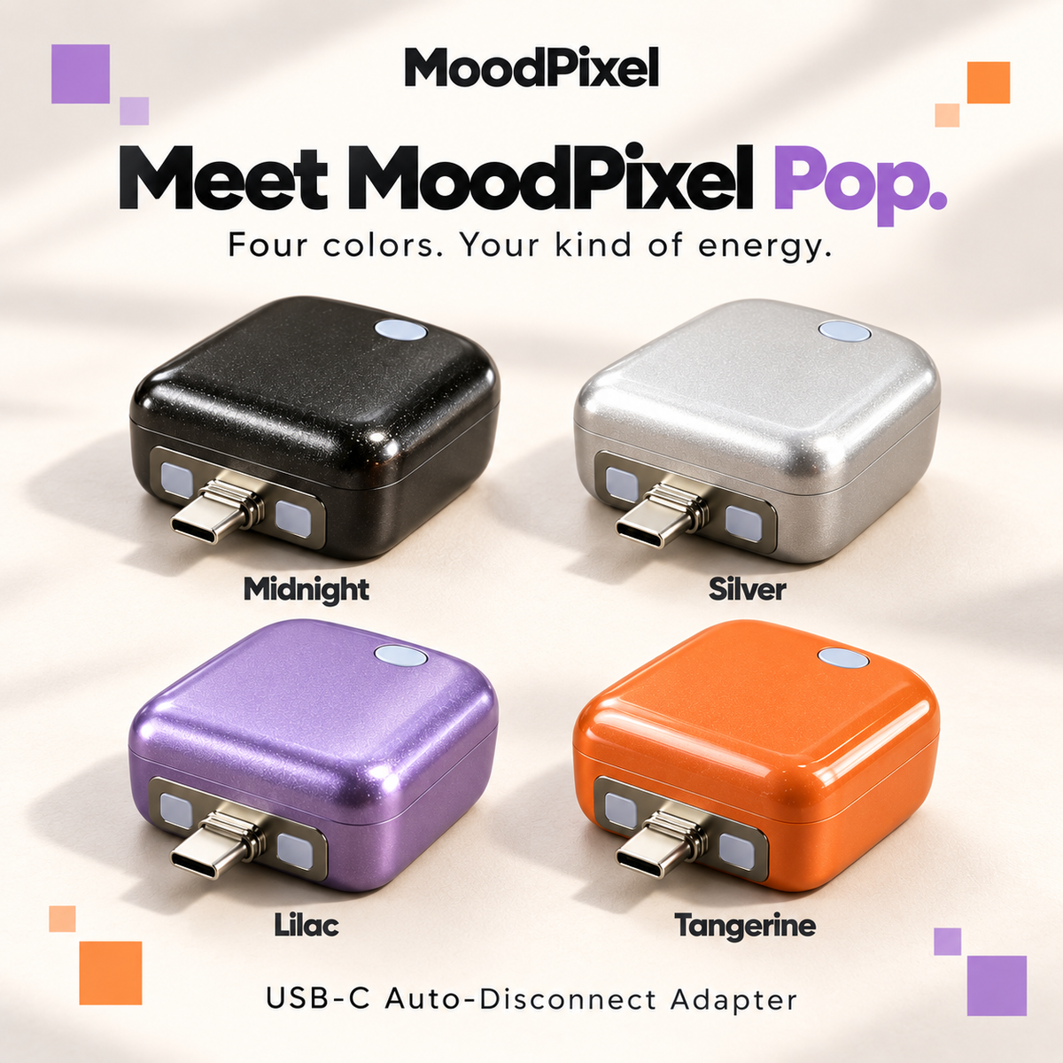 MoodPixel Pop color guide: Midnight, Silver, Lilac and Tangerine.