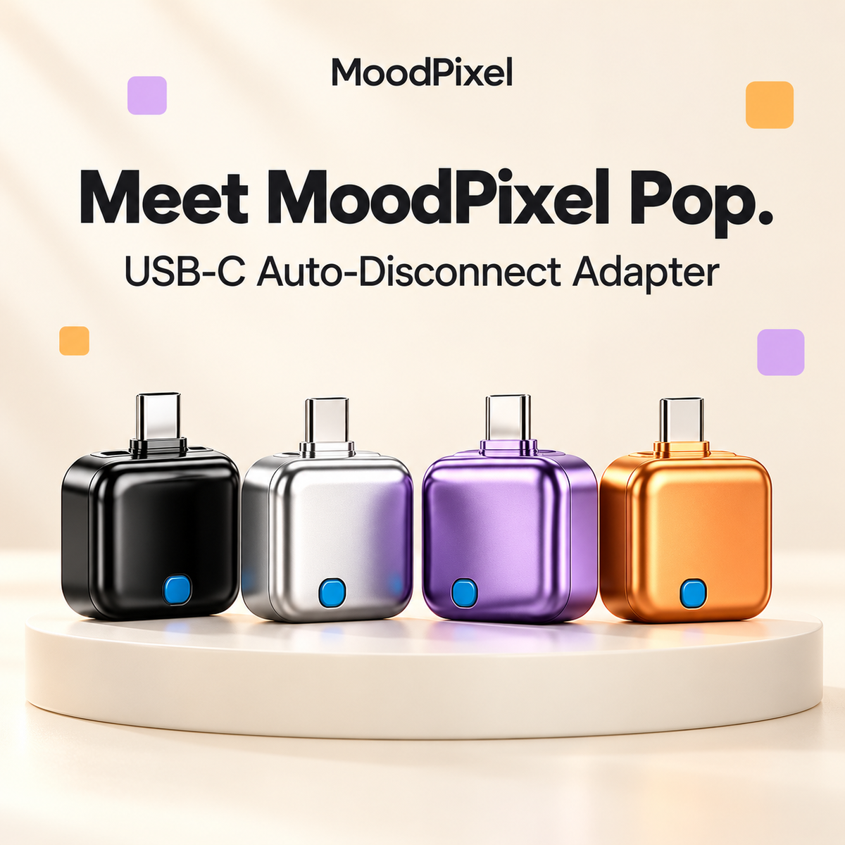 MoodPixel Pop USB-C auto-disconnect adapter in black, silver, purple and orange.