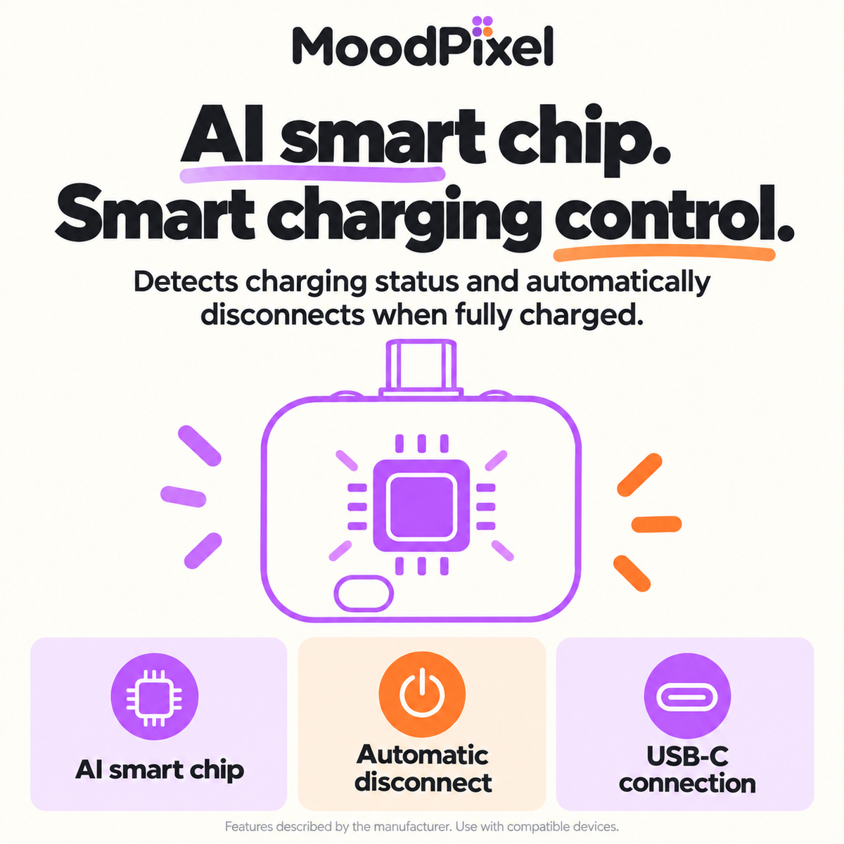 Manufacturer-described AI smart chip, automatic disconnect and USB-C connection.